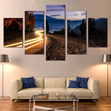 Load image into Gallery viewer, Countryside  Road  Canvas  Print  Blue  Mountains  Landscape  Multi  Canvas  Artwork  Yellow  Car  Lights  Trail 5  Piece  Canvas  Wall  Art For Your Living room
