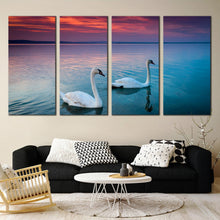 Load image into Gallery viewer, Couple of beautiful white swans in lake 4 piece canvas print For Living room
