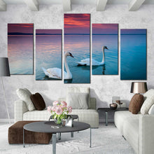 Load image into Gallery viewer, Couple of white swans swimming in balaton lake hungary 5 piece split panel canvas wall art For Living Room
