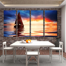 Load image into Gallery viewer, Crazy Art blue yellow orange 4 Panel Wall Art Sailboat twilight Canvas Seascape For Home Modern Decoration For Your Dining Room
