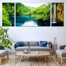 Load image into Gallery viewer, Croatia  Waterfall  Canvas  Wall  Art  Green  Croatia  Forest  Waterfall  River  Canvas  Print  Blue  Deep  Waterfall 3  Piece  Canvas In Living Room
