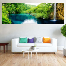 Load image into Gallery viewer, Croatia  Waterfall  Canvas  Wall  Art  Green  Croatia  Forest  Waterfall  River  Wide  Canvas  Print  Blue  Deep  Waterfall  Living  Room  Panoramic  Canvas In Living Room
