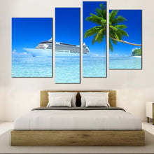 Load image into Gallery viewer, Cruise Ship Canvas Wall Art Tropical Green Tree Island Canvas Print Blue Sky Ship Seascape 4 Piece Multi Canvas Artwork 
