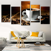 Load image into Gallery viewer, Cup Saucer Canvas Wall Art Brown Coffee Beans  5 Piece Canvas Multiple Canvas White Coffee Cup Canvas Print In Living Room
