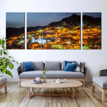 Load image into Gallery viewer, Cyprus Mountains Canvas WallArt Orange Town Lights Mountains 3 Piece Canvas Print Grey Sky Troodos Mountains Canvas Set In Living Room
