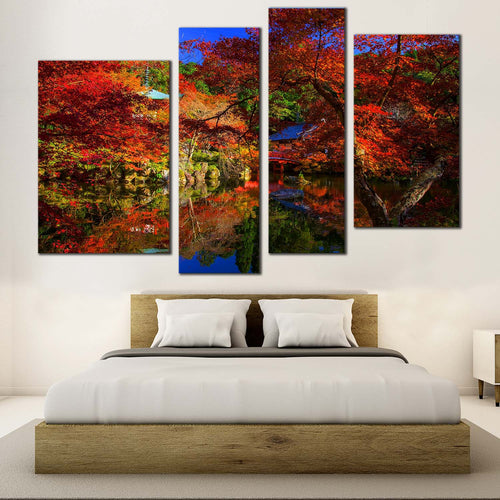 Daigoji Temple Canvas Wall Art Park River  4 Piece Canvas Kyoto Japan Orange Green Trees Canvas 