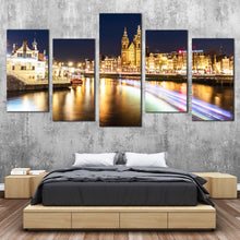 Load image into Gallery viewer, Damrak Canals Canvas Print Yellow Harbors City Lights Reflection Canvas Set Blue Sky Amsterdam Centraal Bedoom 5 Piece Canvas Wall Art
