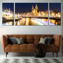 Load image into Gallery viewer, Damrak Canals  Canvas  Print  Yellow  Harbors  City  Lights  Reflection  Canvas  Set  Blue  Sky  Amsterdam  Centraal    3  Piece  Canvas  Wall  Art In Living Room
