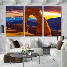 Load image into Gallery viewer, Desert Arches National Park Utah Sunset Blue Mountains triptych Canvas Print for living home decor In Living Room
