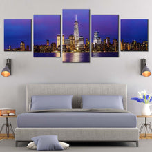 Load image into Gallery viewer, Downtown Manhattan Canvas Print Blue Purple NYC Skyline Bedoom 5 Piece Canvas Wall Art Black New York at Night Multi Canvas For Bedroom
