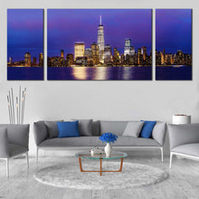 Load image into Gallery viewer, Downtown Manhattan Canvas Print Blue Purple NYC Skyline  3 Piece Canvas Wall Art Black New York at Night Multi Canvas For Living Room
