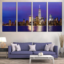 Load image into Gallery viewer, Downtown Manhattan Canvas Print Blue Purple NYC Skyline  4 Piece Canvas Wall Art Black New York at Night Multi Canvas For Living Room
