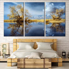 Load image into Gallery viewer, Dramatic Clouds Canvas Print Green Trees Water Reflection Scenery  3 Piece Canvas Wall Art Blue Sky Lake Scenery Split Canvas For Bedroom
