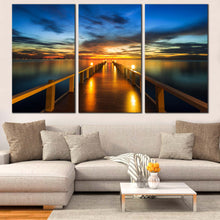 Load image into Gallery viewer, Dramatic Clouds Canvas Print Orange Wooden Bridge Sea  3 Piece Canvas Wall Art Blue Yellow Sunset Sky Multiple Canvas For Living room
