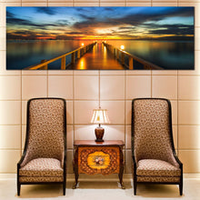 Load image into Gallery viewer, Dramatic  Clouds  Canvas  Print  Orange  Wooden  Bridge  Sea  Living  Room  Panoramic  Canvas  Wall  Art  Blue  Yellow  Sunset  Sky  Wide  Canvas For Living Room
