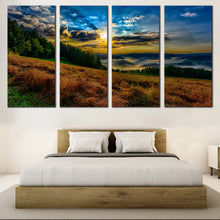 Load image into Gallery viewer, Dramatic Clouds Canvas Print Yellow Sunrise Landscape Valley  4 Piece Canvas Wall Art Blue Sky Landscape Scenery Canvas Set For Bedroom
