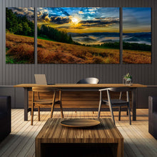 Load image into Gallery viewer, Dramatic  Clouds  Canvas  Print  Yellow  Sunrise  Landscape  Valley    3  Piece  Canvas  Wall  Art  Blue  Sky  Landscape  Scenery  Canvas For Dining Room
