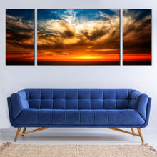 Load image into Gallery viewer, Dramatic Clouds Canvas Wall Art Beautiful Orange Sunset Canvas Artwork Blue Ocean Sky  3 Piece Canvas Print In Living Room
