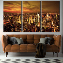 Load image into Gallery viewer, Dramatic Clouds Canvas Wall Art Beautiful Yellow Sunset Sky 3 Piece Multi Canvas Brown New York City Skyline Canvas Print For Living Room
