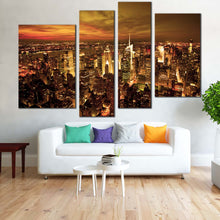 Load image into Gallery viewer, Dramatic Clouds Canvas Wall Art Beautiful Yellow Sunset Sky 4 Piece Multi Canvas Brown New York City Skyline Canvas Print In Living Room
