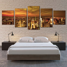 Load image into Gallery viewer, Dramatic Clouds Canvas Wall Art Beautiful Yellow Sunset Sky 5 Piece Multi Canvas Brown New York City Skyline Canvas Print For Bedroom
