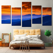 Load image into Gallery viewer, Dramatic Clouds Canvas Wall Art Blue Majestic Mountains Landscape Bedoom 5 Piece Canvas Print Ukraine Orange Sky Landscape Multi Canvas Artwork
