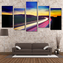 Load image into Gallery viewer, Dramatic Clouds Canvas Wall Art Blue Sky Car Lights Trail  5 Piece Canvas Print Red Yellow Light Trail Multi Canvas
