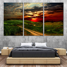 Load image into Gallery viewer, Dramatic Clouds Canvas Wall Art Green Country Road Scenery  3 Piece Canvas Print Red Yellow Road Hill Sunset Triptych Canvas Set For Bedroom
