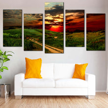 Load image into Gallery viewer, Dramatic Clouds Canvas Wall Art Green Country Road Scenery  5 Piece Canvas Print
