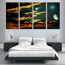 Load image into Gallery viewer, Dramatic Clouds Canvas Wall Art Green Full Moon Starry Sky  4 Piece Canvas Brown Mountain Scenery Canvas Print For Bedroom
