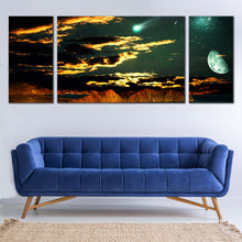 Load image into Gallery viewer, Dramatic  Clouds  Canvas  Wall  Art  Green  Full  Moon  Starry  Sky 3  Piece  Canvas  Brown  Mountain  Scenery  Canvas  Print In Living Room
