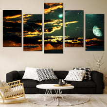 Load image into Gallery viewer, Dramatic Clouds Canvas Wall Art Green Full Moon Starry Sky  5 Piece Canvas Brown Mountain Scenery Canvas Print For Living Room
