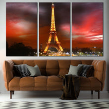 Load image into Gallery viewer, Dramatic Clouds Canvas Wall Art Grey Red Cloudy Sky Cityscape 3 Piece Split Canvas Paris Yellow Eiffel Tower Canvas Print For Living Room
