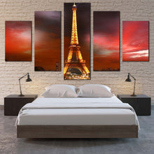 Load image into Gallery viewer, Dramatic  Clouds  Canvas  Wall  Art  Grey  Red  Cloudy  Sky  Cityscape  5  Piece  Split  Canvas  Paris  Yellow  Eiffel  Tower  Canvas  Print For Bedroom
