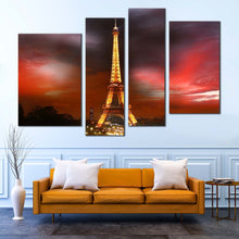 Load image into Gallery viewer, Dramatic Clouds Canvas Wall Art Grey Red Cloudy Sky Cityscape  4 Piece Canvas Paris Yellow Eiffel Tower Canvas Print
