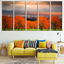 Load image into Gallery viewer, Dramatic Clouds Canvas Wall Art Orange Grey Sunset Sky Canvas Print Green Landscape Scenery 5 Piece Multi Canvas For Living room
