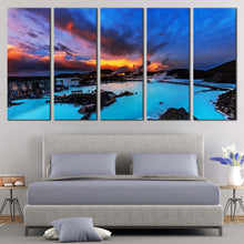 Load image into Gallery viewer, Dramatic Clouds Canvas Wall Art Orange Sunset Sky Ocean Mountains Canvas Print Blue Lagoon Iceland Seascape  5 Piece Canvas For Bedroom
