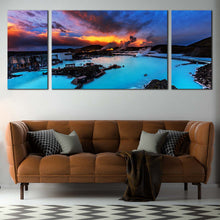 Load image into Gallery viewer, Dramatic  Clouds  Canvas  Wall  Art  Orange  Sunset  Sky  Ocean  Mountains  Canvas  Print  Blue  Lagoon  Iceland  Seascape 3  Piece  Canvas For Living Room
