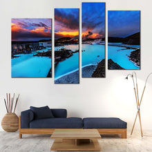 Load image into Gallery viewer, Dramatic Clouds Canvas Wall Art Orange Sunset Sky Ocean Mountains Canvas Print Blue Lagoon Iceland Seascape  4 Piece Canvas 
