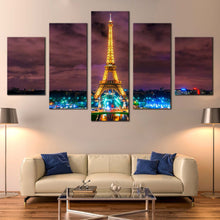 Load image into Gallery viewer, Dramatic  Clouds  Canvas  Wall  Art  Paris  Green  Blue  City  Lights  Canvas  Set  Yellow  Eiffel  Tower    5  Piece  Canvas  Print For Living Room
