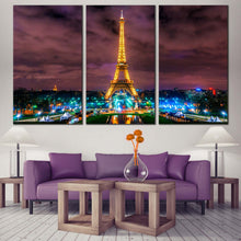 Load image into Gallery viewer, Dramatic Clouds Canvas Wall Art Paris Green Blue City Lights Triptych Canvas Set Yellow Eiffel Tower  3 Piece Canvas Print For Living Room
