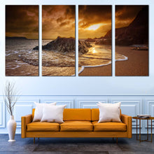 Load image into Gallery viewer, Dramatic Clouds Canvas Wall Art South Devon Brown Ocean Beach Canvas Set Yellow Salcombe Sun Beach Rocks  4 Piece Canvas Print For Your Living room
