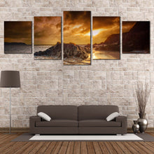 Load image into Gallery viewer, Dramatic Clouds Canvas Wall Art South Devon Brown Ocean Beach Canvas Set Yellow Salcombe Sun Beach Rocks  5 Piece Canvas Print For Living Room
