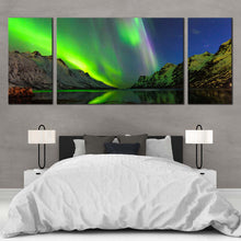 Load image into Gallery viewer, Dramatic Sky Canvas Print Green Ersfjord Norway Aurora Canvas Wall Art Blue Starry Sky Polar Lights 3 Piece Canvas For Bedroom
