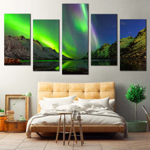 Load image into Gallery viewer, Dramatic Sky Canvas Print Green Ersfjord Norway Aurora Canvas Wall Art Blue Starry Sky Polar Lights  5 Piece Canvas For Bedroom
