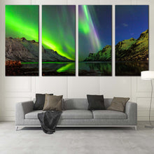 Load image into Gallery viewer, Dramatic Sky Canvas Print Green Ersfjord Norway Aurora Canvas Wall Art Blue Starry Sky Polar Lights  4 Piece Canvas For Living room
