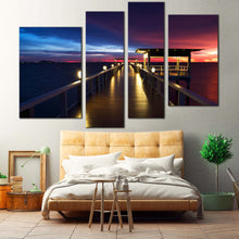 Load image into Gallery viewer, Dramatic Sky Canvas Print Wooden Bridge Ocean  4 Piece Canvas Wall Art Pier at Sea Canvas Red Blue Sunset Sky For Bedroom

