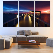 Load image into Gallery viewer, Dramatic Sky Canvas Print Wooden Bridge Ocean  3 Piece Canvas Wall Art Pier at Sea Canvas Red Blue Sunset Sky For Living Room
