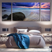 Load image into Gallery viewer, Dramatic  Sky  Canvas  Wall  Art  Blue  Thailand  Beach  Sunset  Clouds  3  Piece  Multi  Canvas  Grey  Ocean  Rocks  Boulders  Canvas  Print For Bedroom
