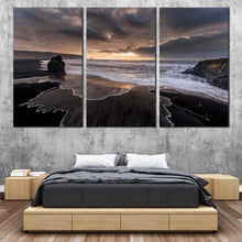 Load image into Gallery viewer, Dramatic Sky Canvas Wall Art Ocean Beach Black Sand Multiple Canvas Yellow Cloudy Sunset Sky Triptych Canvas Print Grey Reynisfjara Beach  3 Piece Canvas For Bedroom
